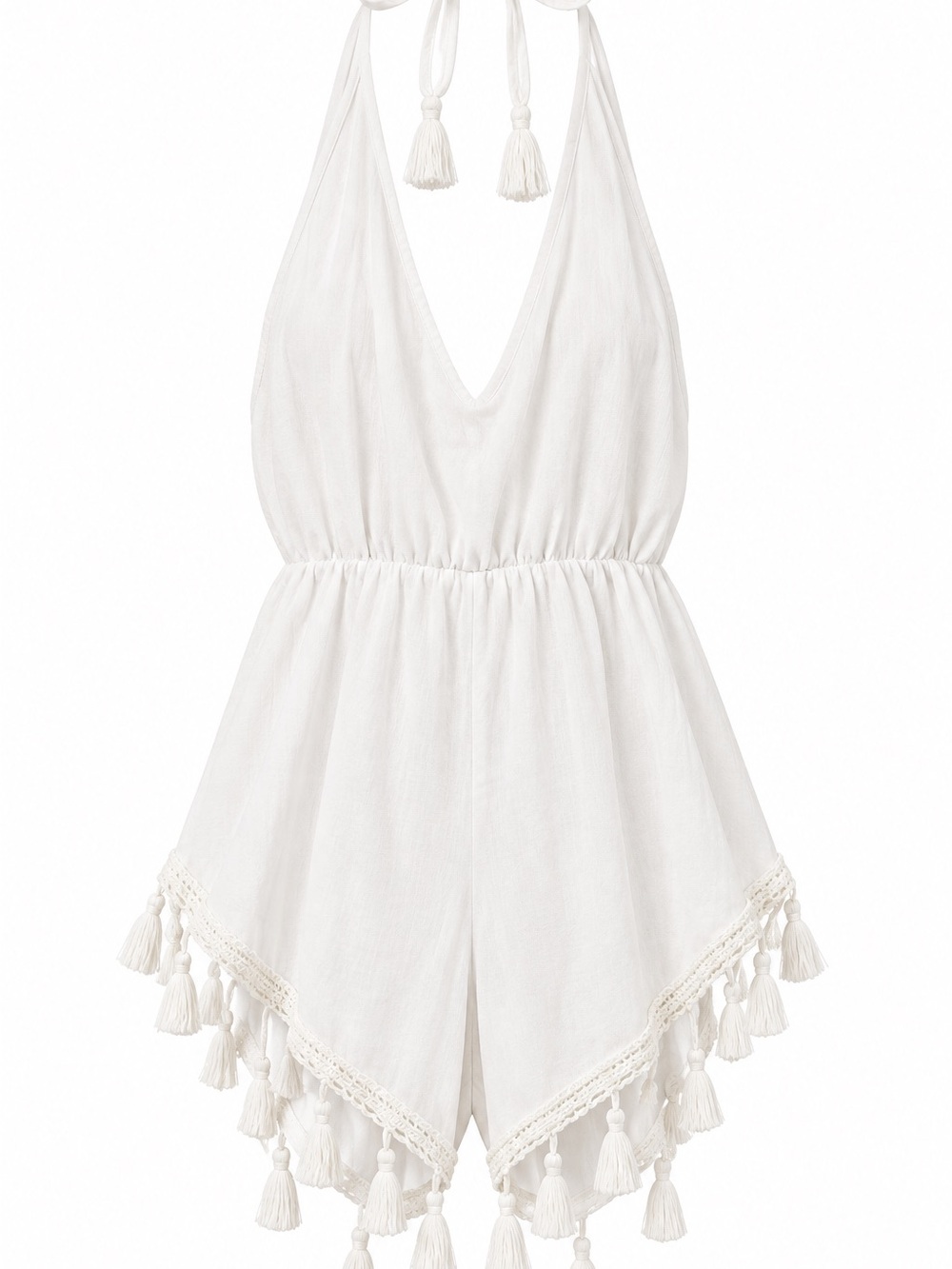 PrettyLittleThing Cream Tassel Halter V-Neck Bodysuit Romper